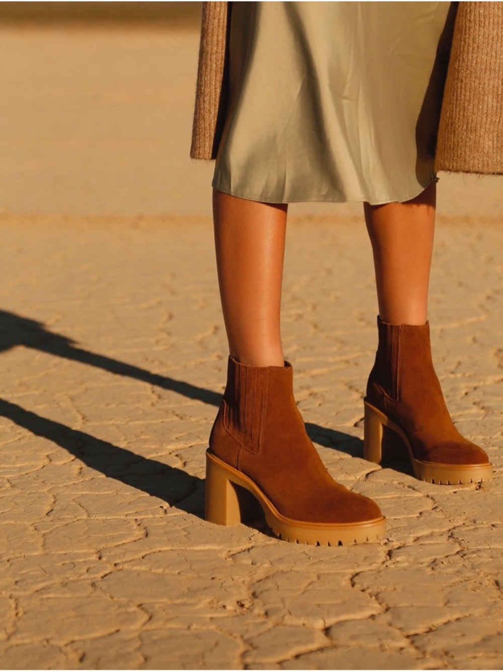 DV by Dolce Vita Cognac Suede Lug Sole Block Heel Chelsea Boot
